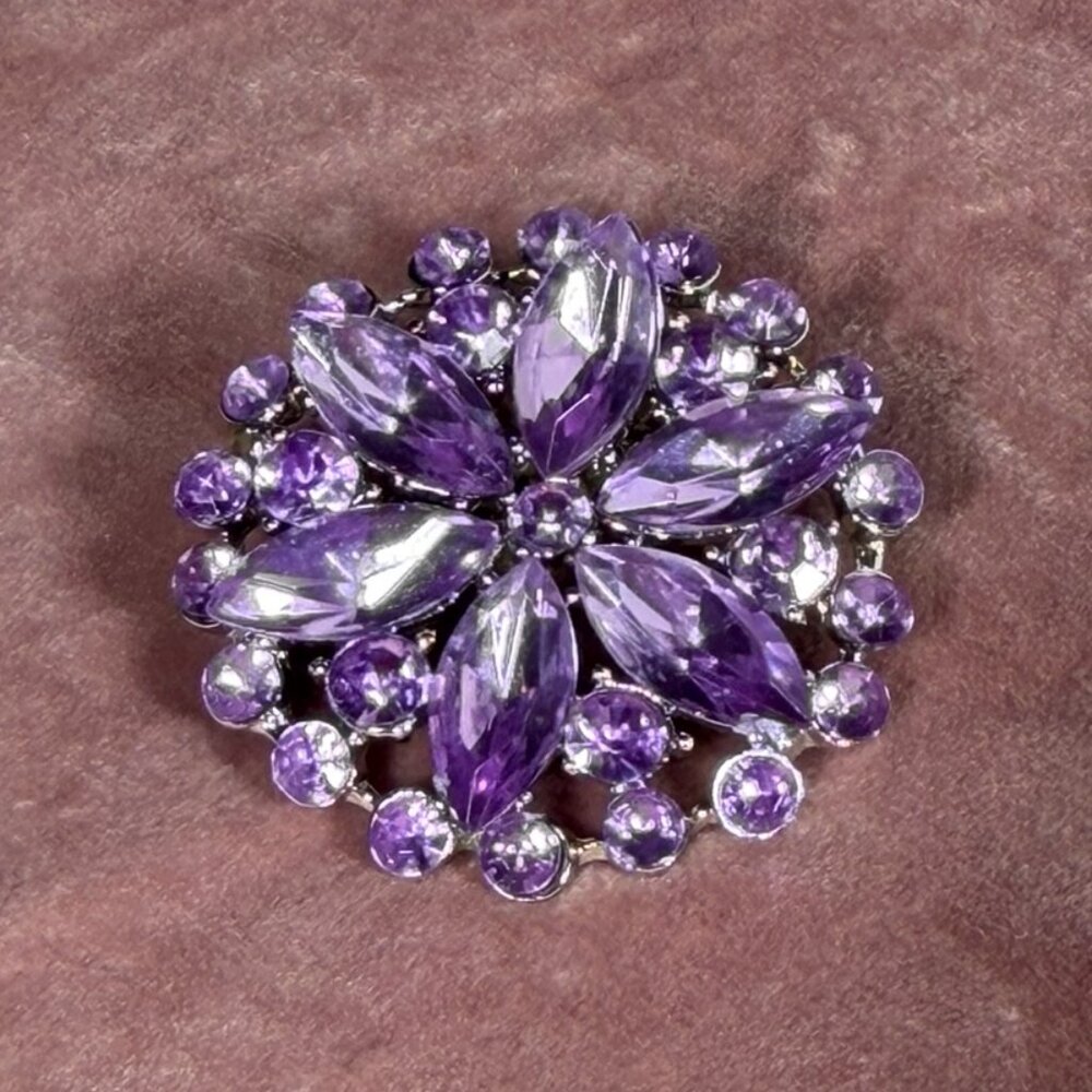 Purple & Silver Rhinestone Flower Brooch Pin - Picture 3 of 7